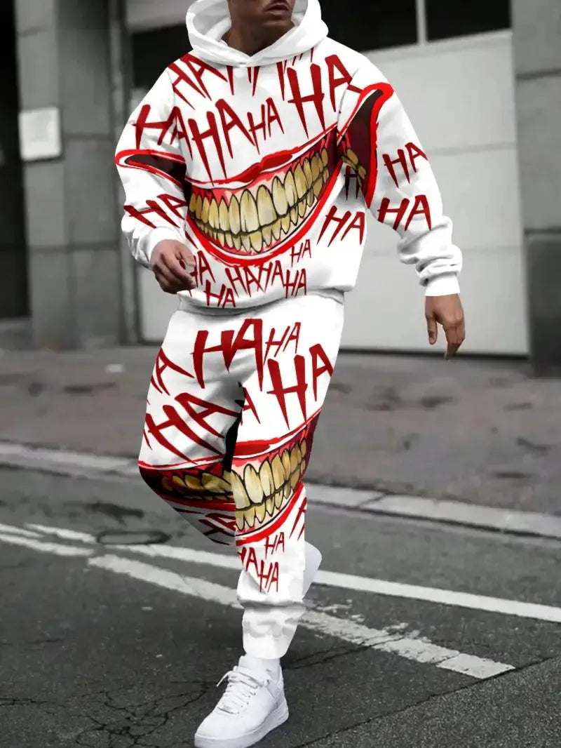 Men's Hip-Hop "HAHA" Smiley Face 3D Print Long Sleeve Hoodie Sweatshirt + Streetwear Drawstring Sweatpants Tracksuit