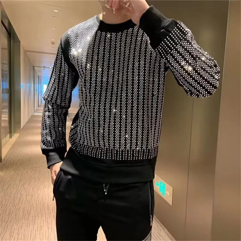 Men's Black Sliver Metallic Lion/Geometric Crystal Rhinestone Pullover Long Sleeve Hip-Hop O-Neck Sweatshirt