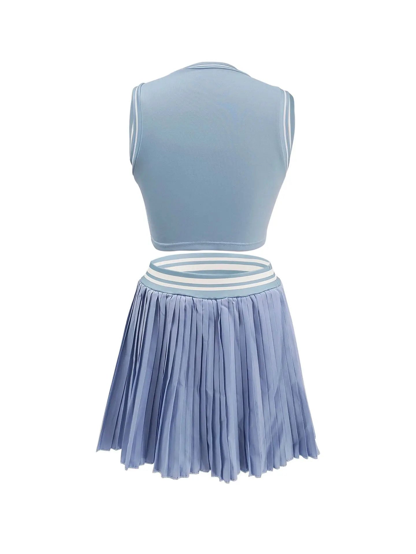Sleeveless Solid Color O-Neck Crop Tank Top + Pleated Mini Tennis Skirt Women's Fitness 2-Piece Set