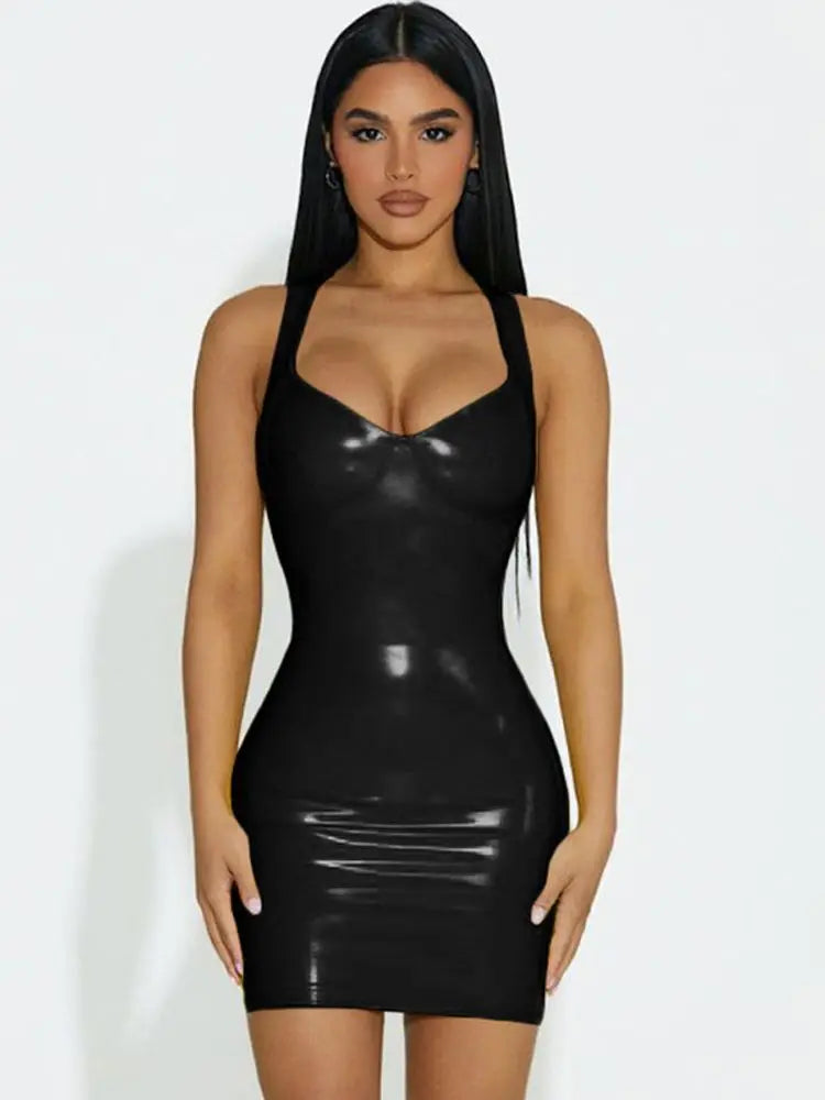 PU Leather Shiny Sleeveless PVC Deep V-Neck Camisole Dress