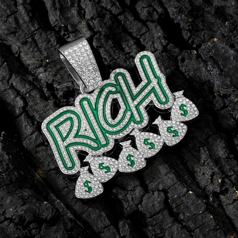 "Rich" Rhinestone Money Bag Pendant 13mm Miami Cuban Link Chain Necklace
