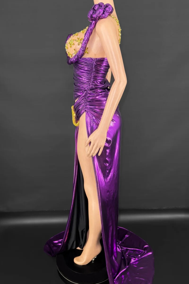 Irregular Sleeveless Ruched Faux Leather Rhinestone Asymmetrical Sexy One Sleeve High Slit Floor-Length Maxi Bodycon Formal Party/Prom Dress