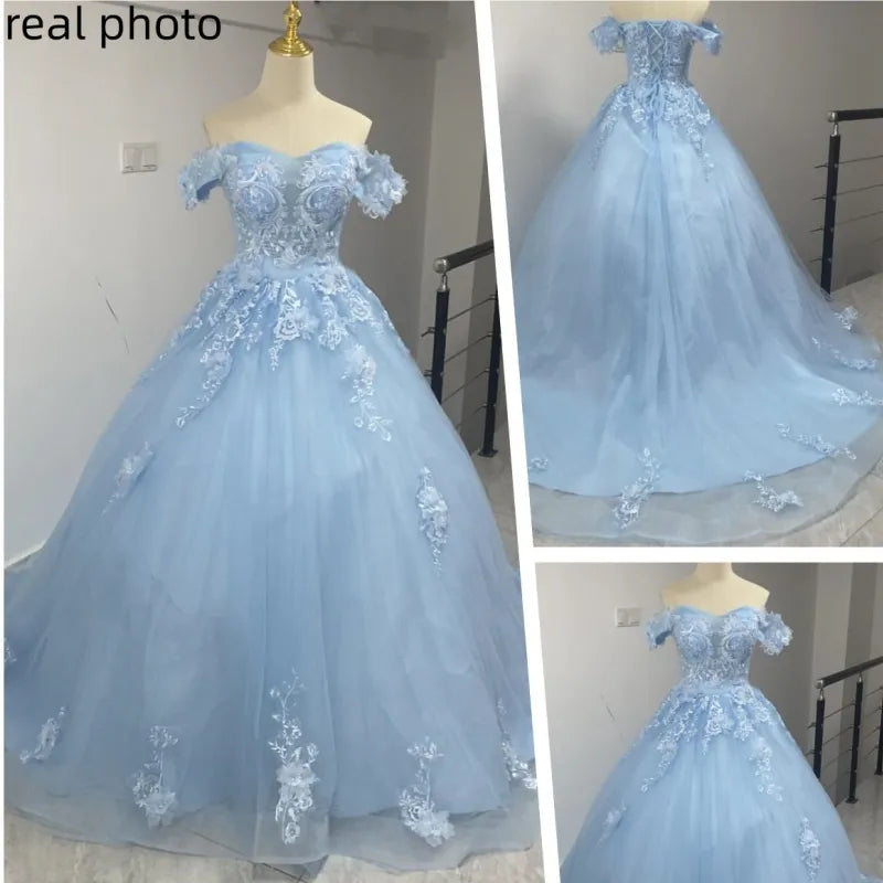 Vintage Quinceanera Off-the-Shoulder Shoulder Prom Dress Lace Floor-Length Evening Gown/Prom Dress w/ Small Train