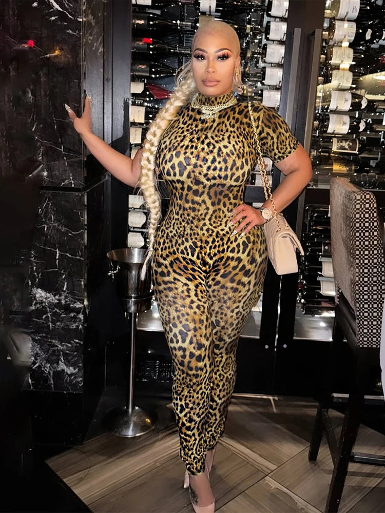 Backless Floral/Geometric/Leopard Print Women’s Fitness Short Sleeve Skinny Jumpsuit