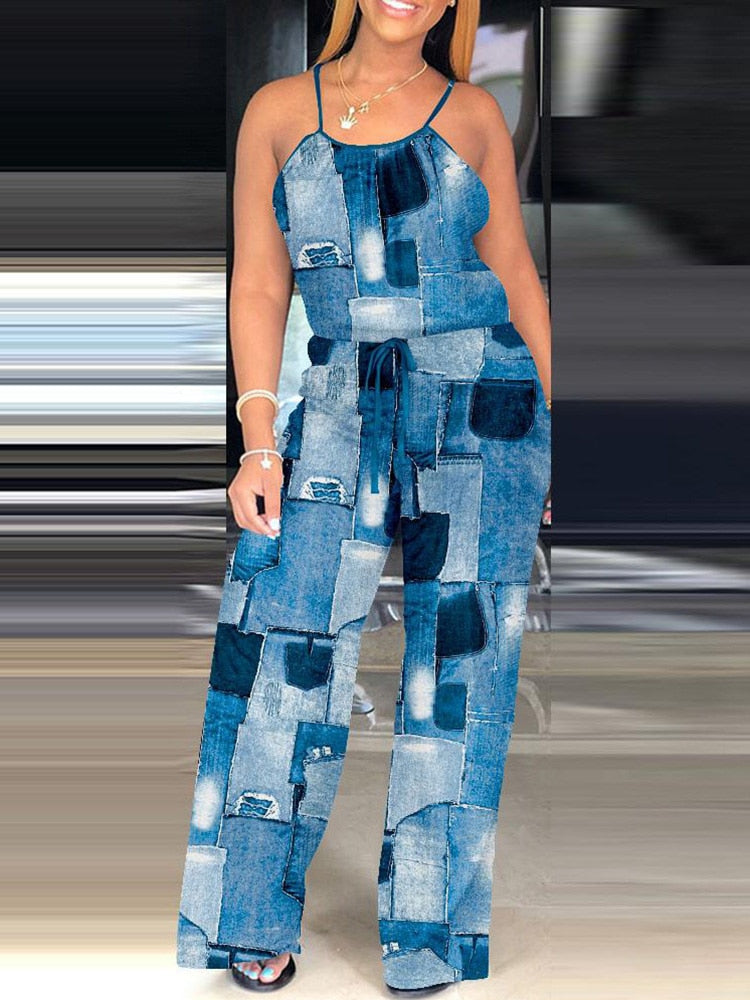 Thin Shoulder Strap Patchwork Print Jumpsuit