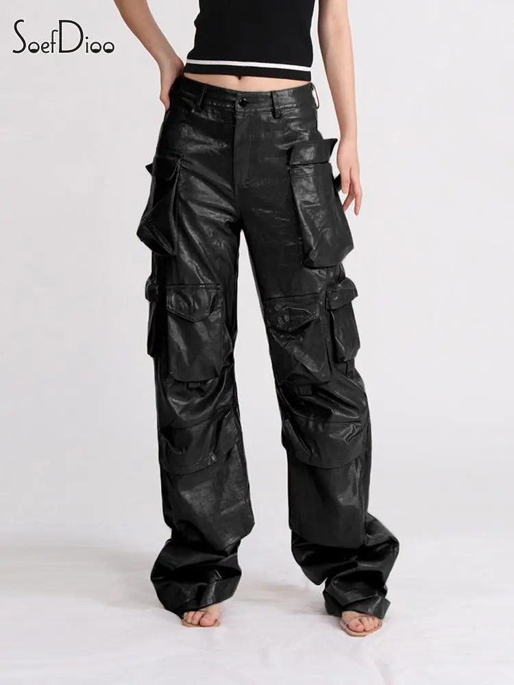 Patchwork Baggy PU Leather Wide Leg Ladies Cargo Pocketed Pants