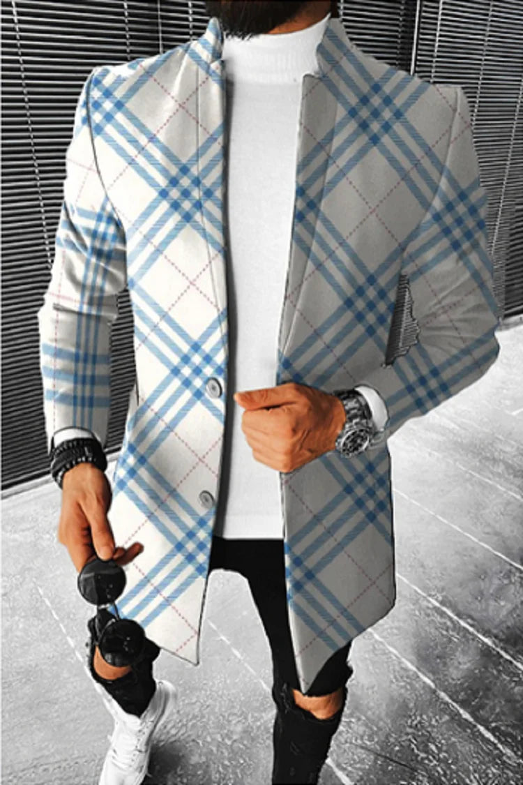 Men's Stand Collar Colorblock/Plaid/Geometric/African 3D Print 3/4 Length Button-Up Jacket 5X Big & Tall