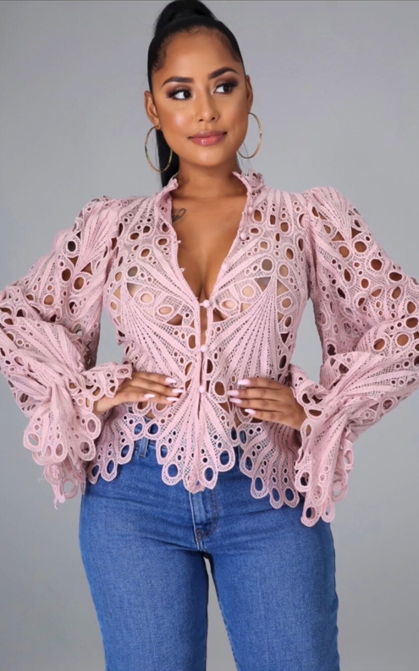 Lace V-Neck Hollow Out Long Sleeve Blouse