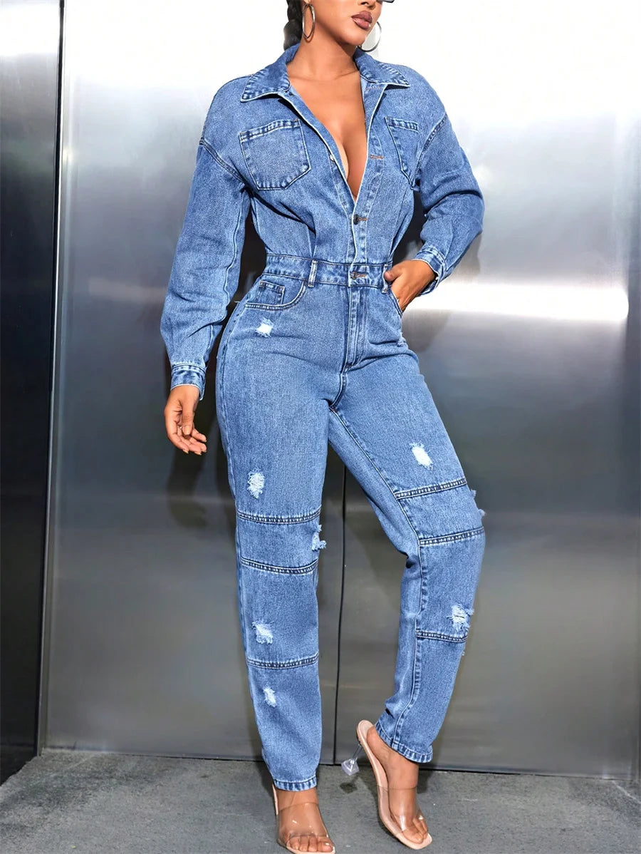 Denim Pocketed Faded Blue Ripped Hole Pattern Turn-Down Collar Elastic Waist Women's Streetwear Long Sleeve Overall Cargo Jean Jumpsuit