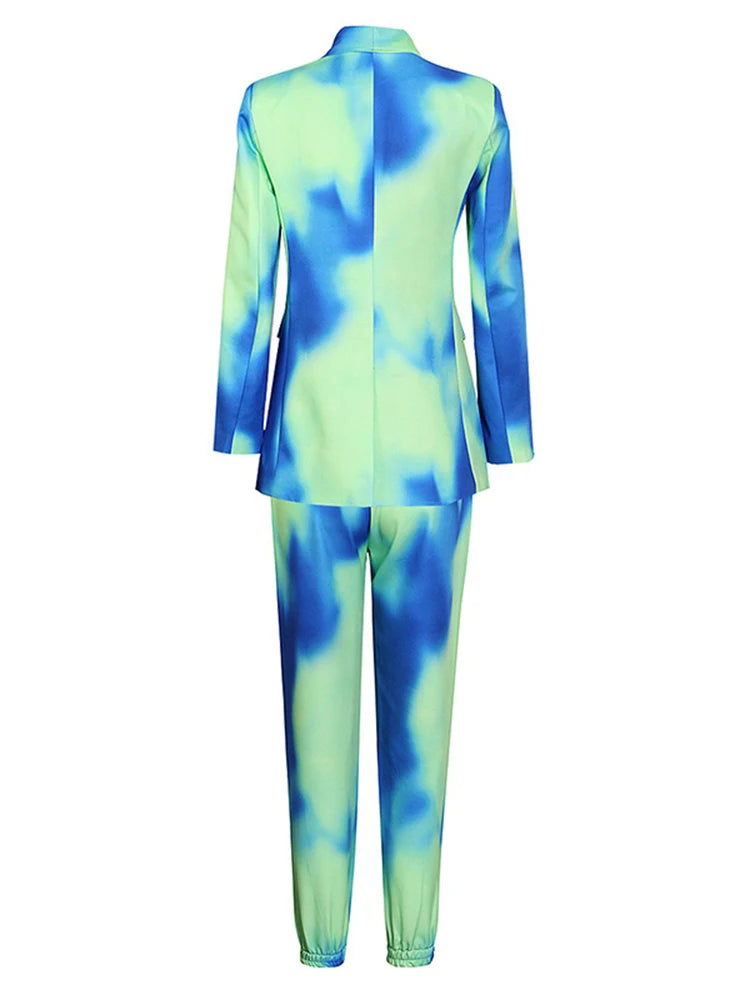 Tie-Dye Notched Collar Double Breasted Long Sleeve Blazer + Harem Pants Women's Suit