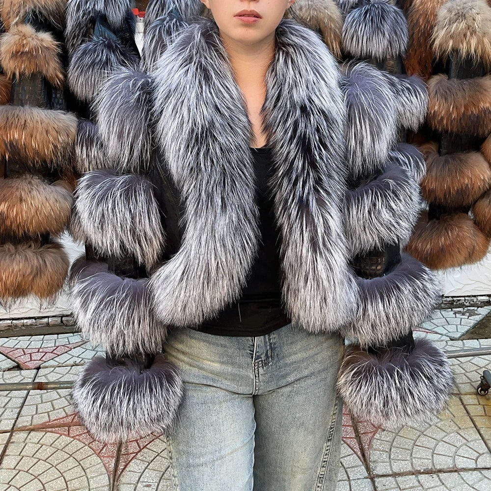 Real Raccoon Fur Hip-Hop Colorblock Design Paneled Women's Streetwear Jacket