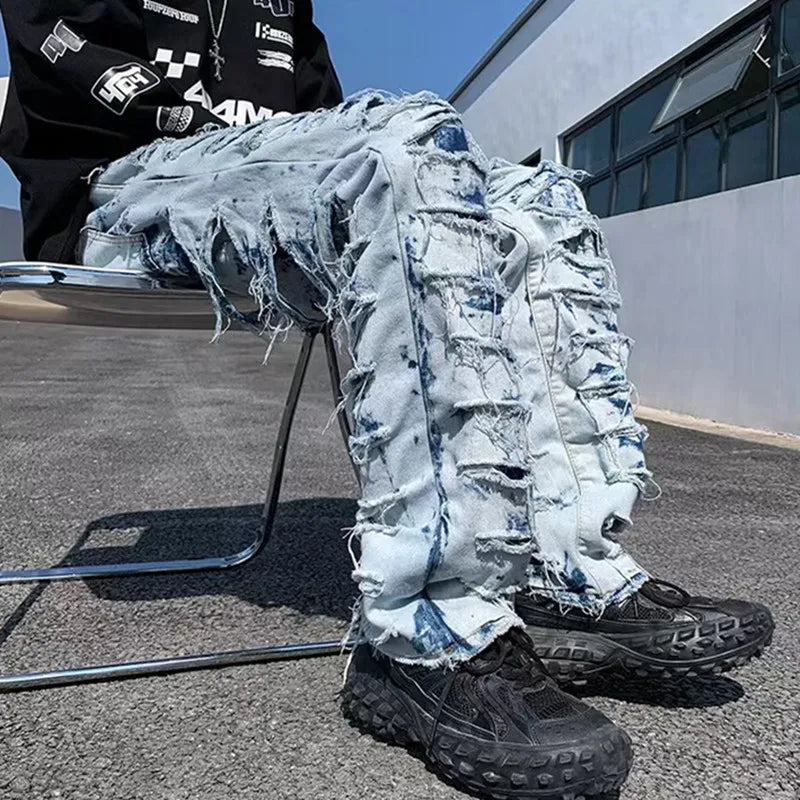 Men's Denim Ripped Fringe Grunge Y2K Streetwear Stacked  Hip-Hop Skinny Jeans