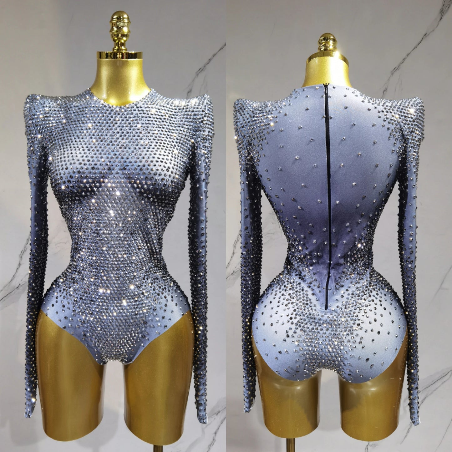 Sparkling Rhinestone Hollow-Out Long Sleeve Stage Formal Stage Performance Skin Tight Bodysuit