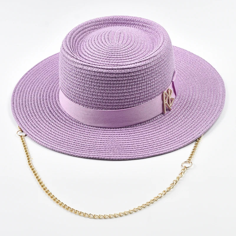 Straw Gold Chain Women's Ribbon Decor Fedora Hat