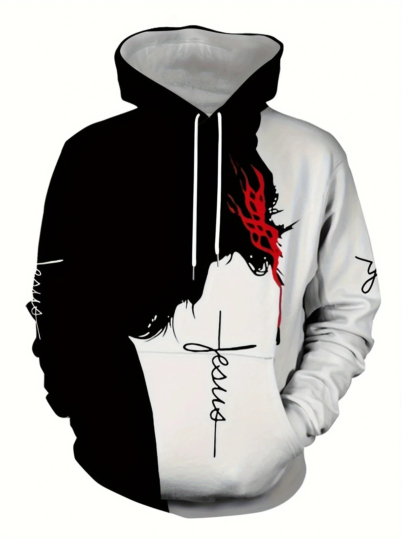 Men's Colorblock 3D Drawstring "Jesus" Long Sleeve Hoodie Sweatshirt