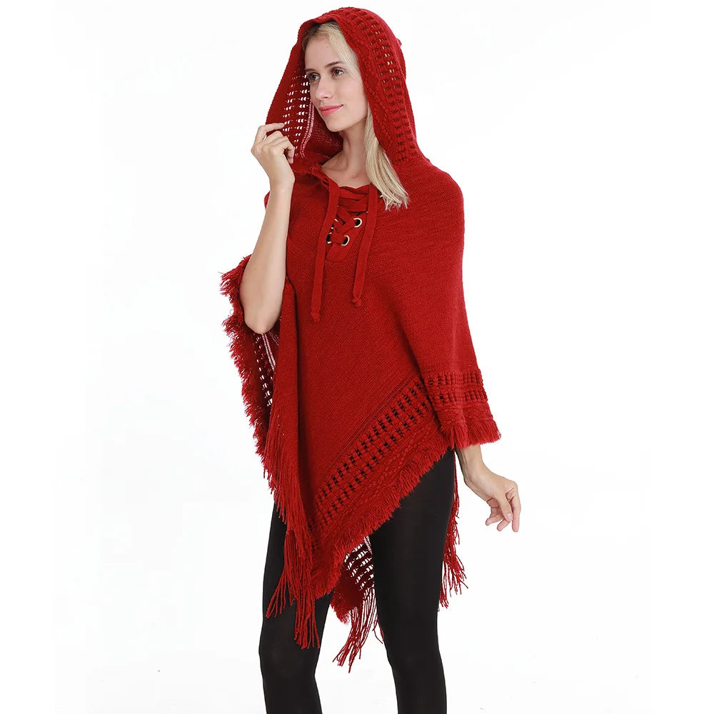 Fringe Tassel Women's Knitted Hooded Crochet Shawl Wrap Sweater