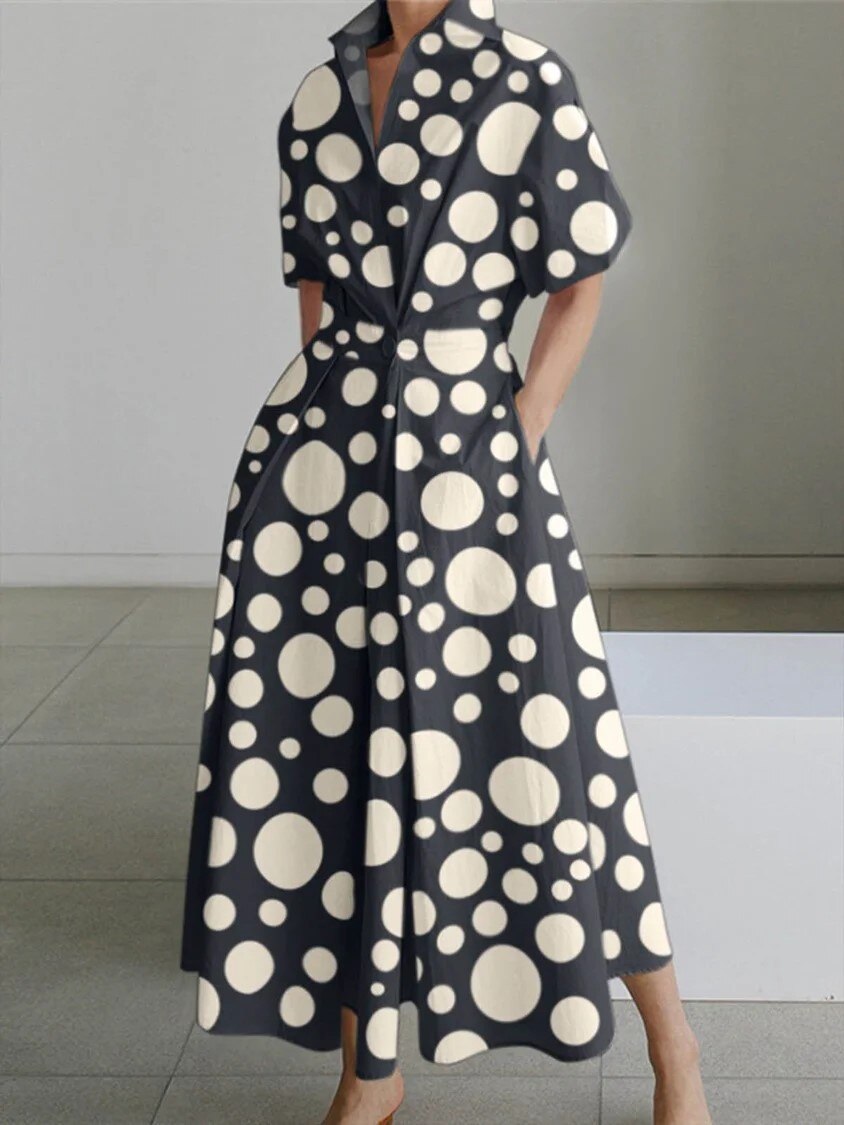 Polka Dot Turn Down Collar Pocketed Shirt Dress