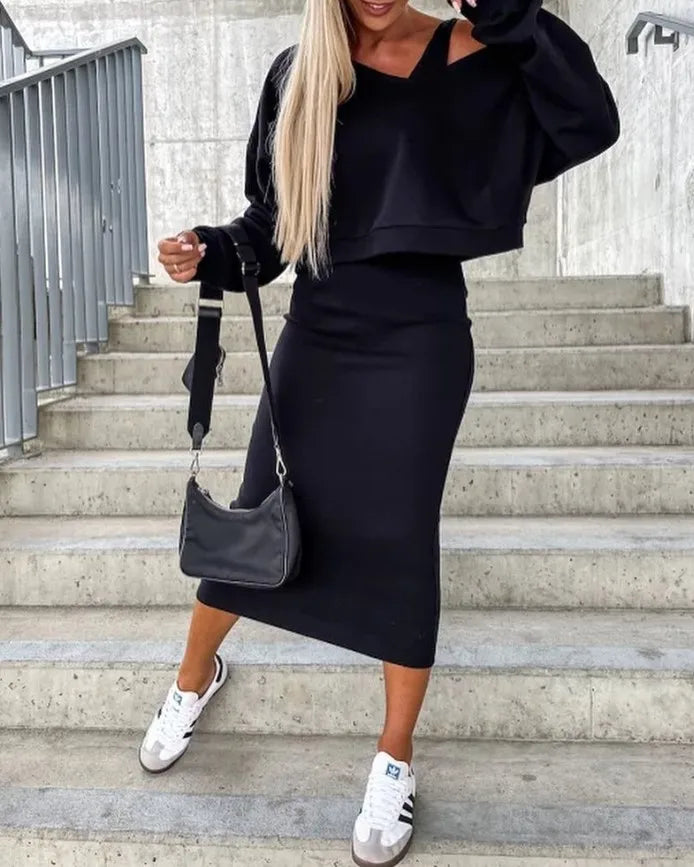 "NOPE NOT TODAY"/Colorblock Plaid/Solid Color Off-the-Shoulder Long Batwing Sleeve Sweatshirt + Skinny Knitted Maxi Skirt 2-Piece Set