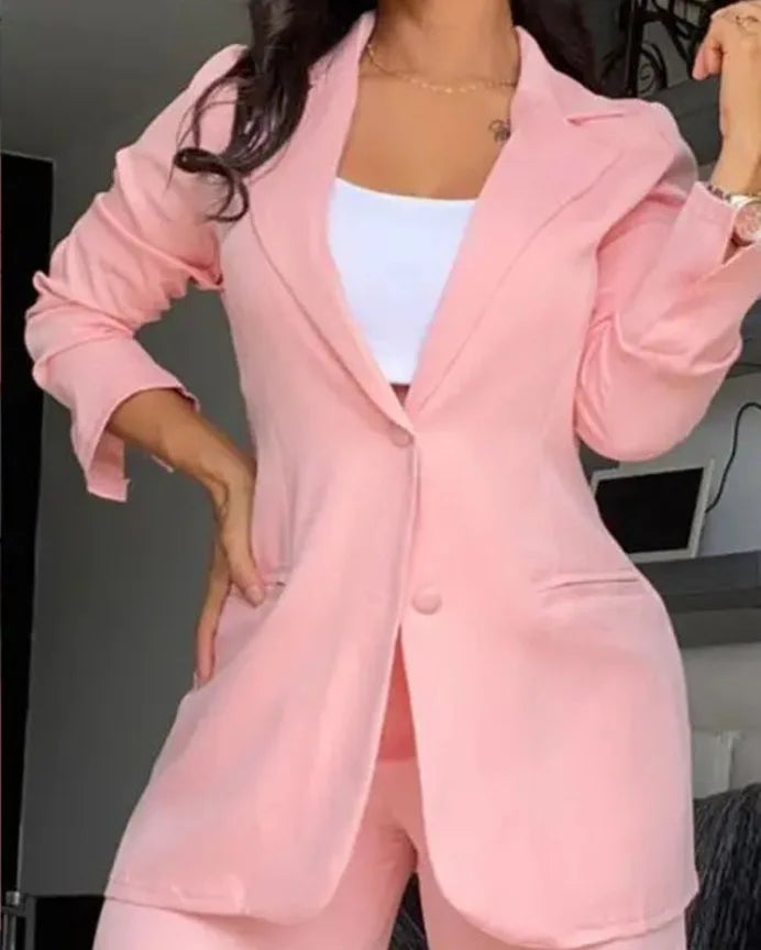 Solid Color Women's Notched Collar Blazer Jacket & Pocket Design Pants Office Commuter Suit