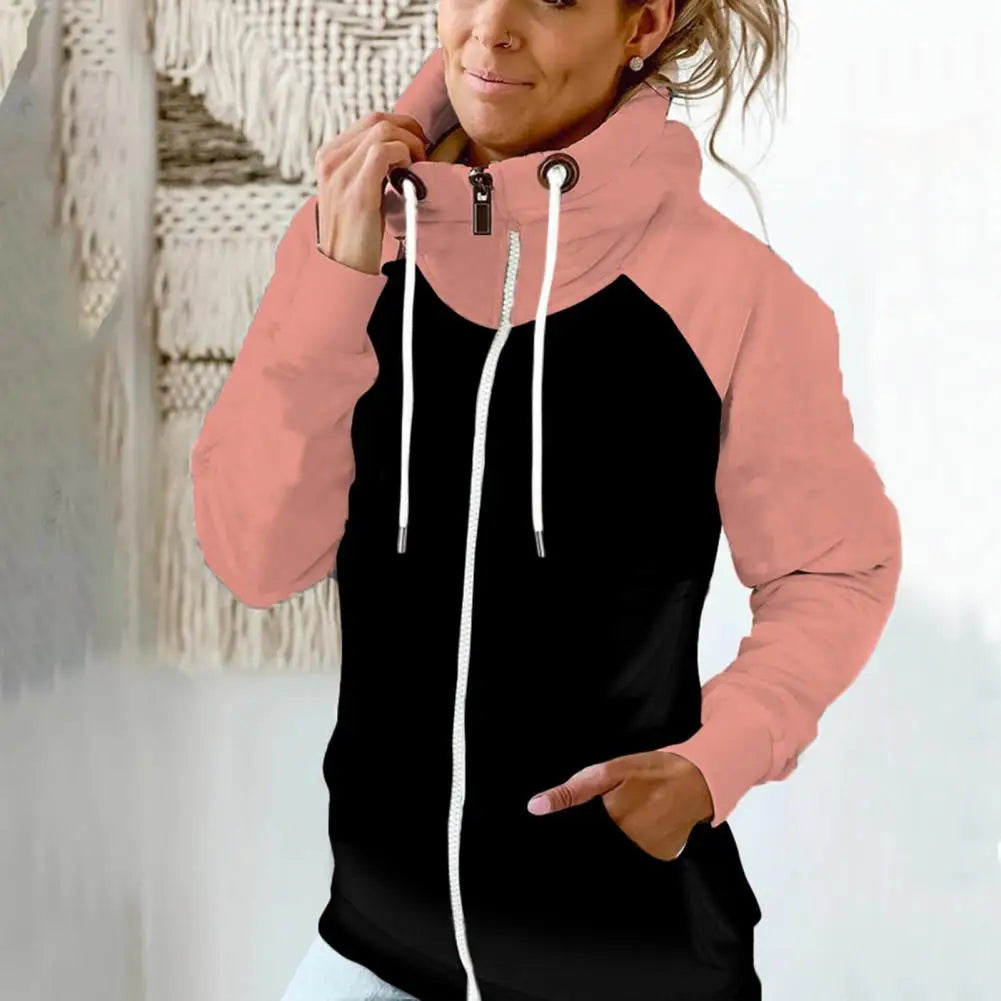 Colorblock Drawstring Thermal Patchwork Women's Zipper Fleece Hoodie Jacket to 3X Plus Size