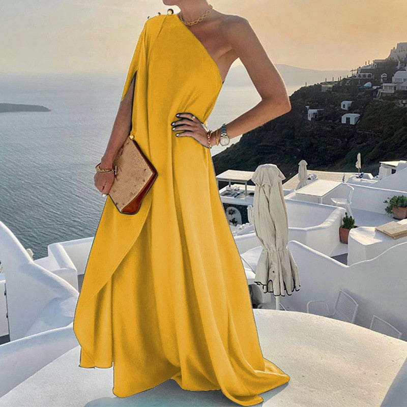 Skew Collar Asymmetrical One Shoulder Backless Irregular Loose Slit Maxi Dress