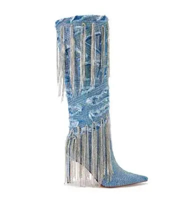 Faded Blue Jean Denim  Rhinestone Tassel Hot Drill Pointed Toe Slip-On Knee High Boots