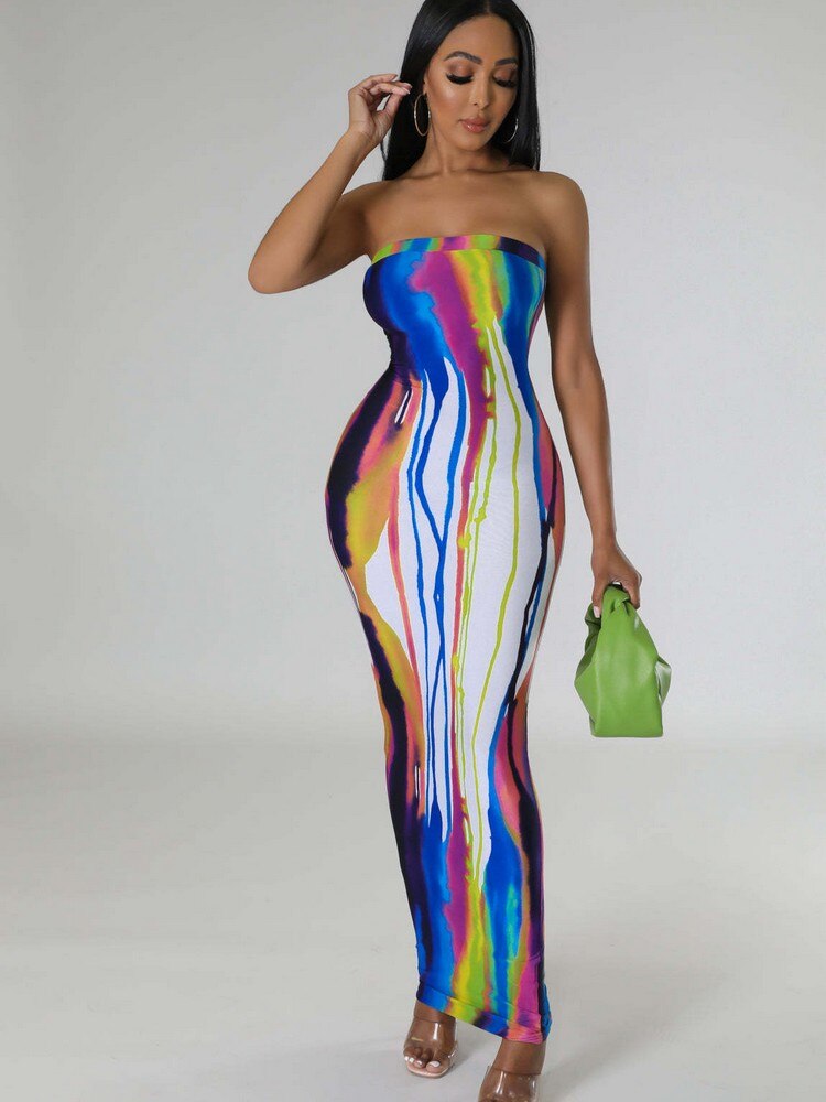 Tie-Dye/Tropical/Colorblock Sleeveless Tube Maxi Dress