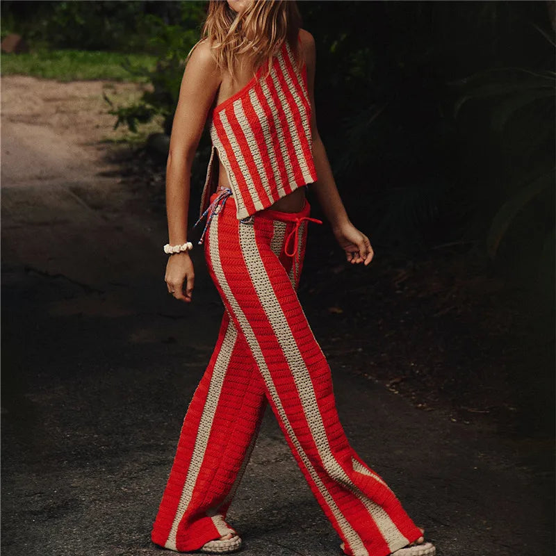 Crochet Striped Colorblock Asymmetrical One Shoulder Crop Tank Top  + Low Rise Long Pants Knitted Matching 2-Piece Set