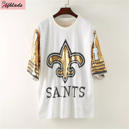 Sequin New Orleans "Saints" Patchwork Short Sleeve Streetwear Loose T-Shirt Dress