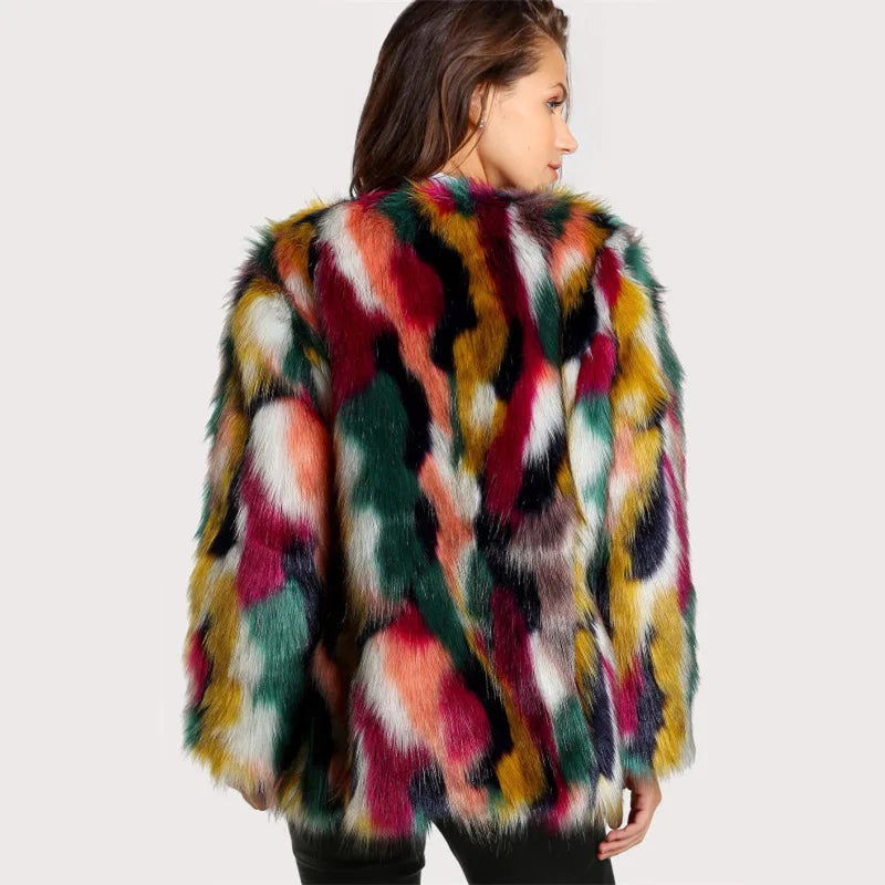 Colorblock Multi-Colored Women's Faux Fur Jacket