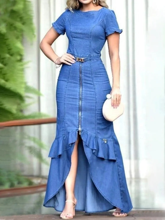 Denim Plus Size Zipper Short Sleeve Tulip Ruffled Hem Maxi Dress