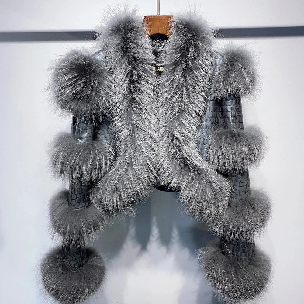 Real Raccoon Fur Hip-Hop Colorblock Design Paneled Women's Streetwear Jacket