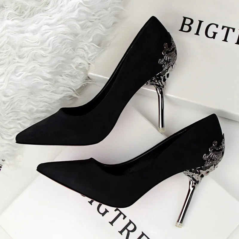 Suede Flock Frosted Metal Hollow  Pointed Toe 10CM High Stiletto Heel Pumps