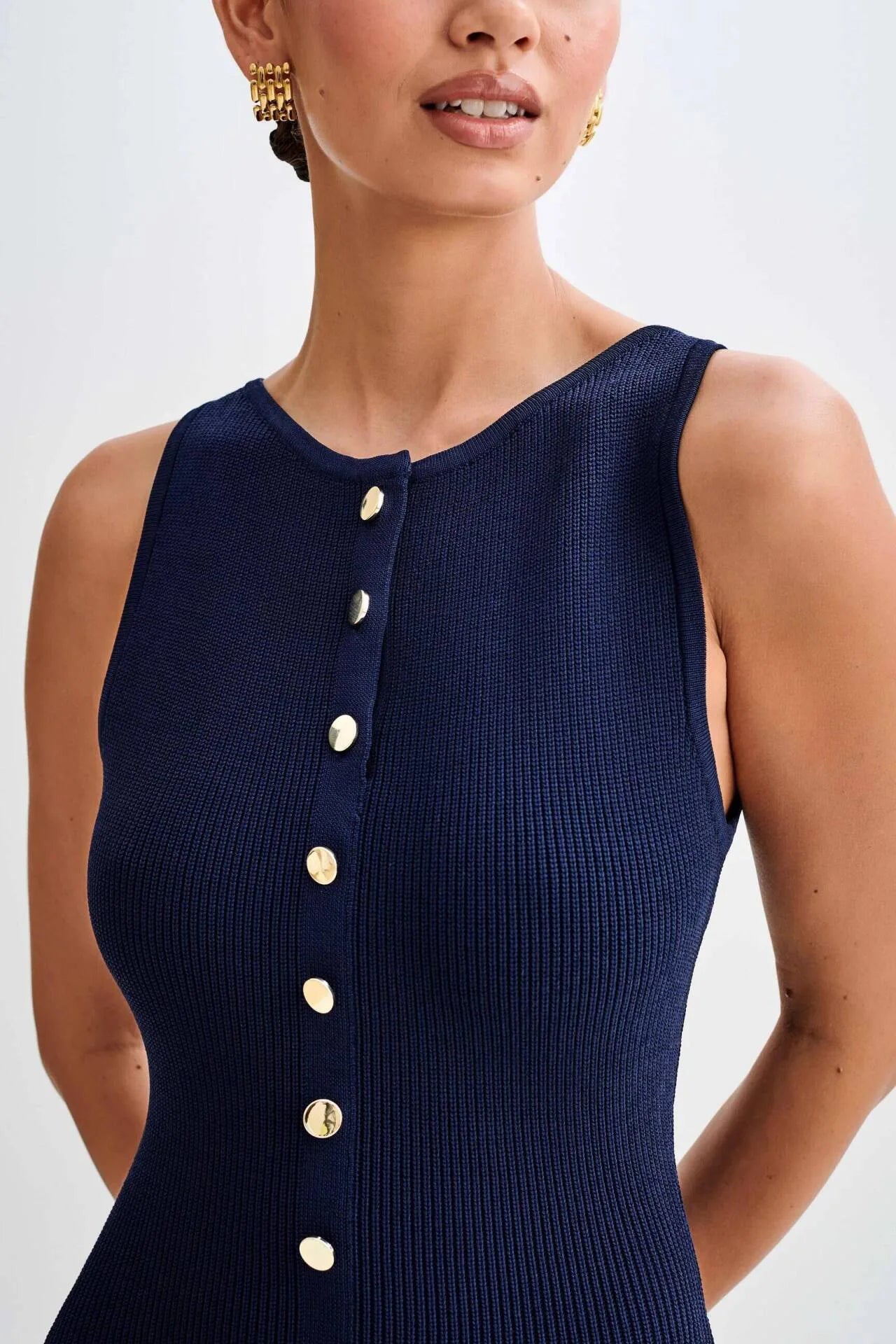 Ribbed Sleeveless Knitted O-Neck Button-Up Sleeveless Single Breasted Double Pocket Design Bodycon Sweater Dress