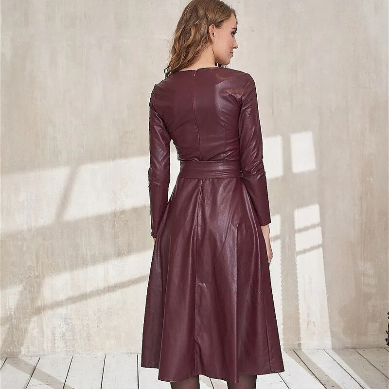 PU Leather Long Sleeve Slim Fit Maxi Dress w/ Belt