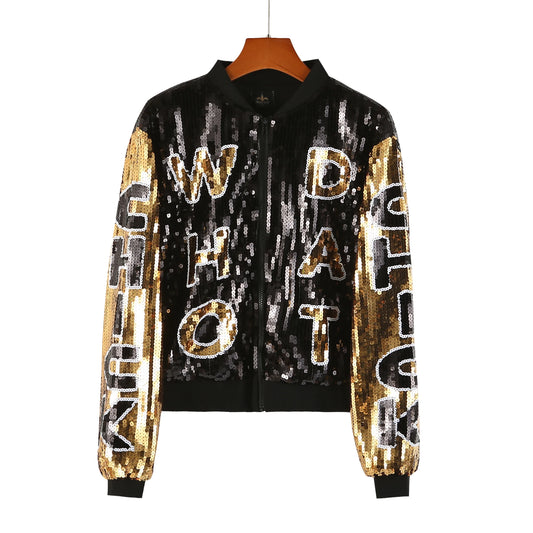 "Who Dat Chick" Black/Gold Cropped Sequin Women's Bomber Jacket-ONE SIZE