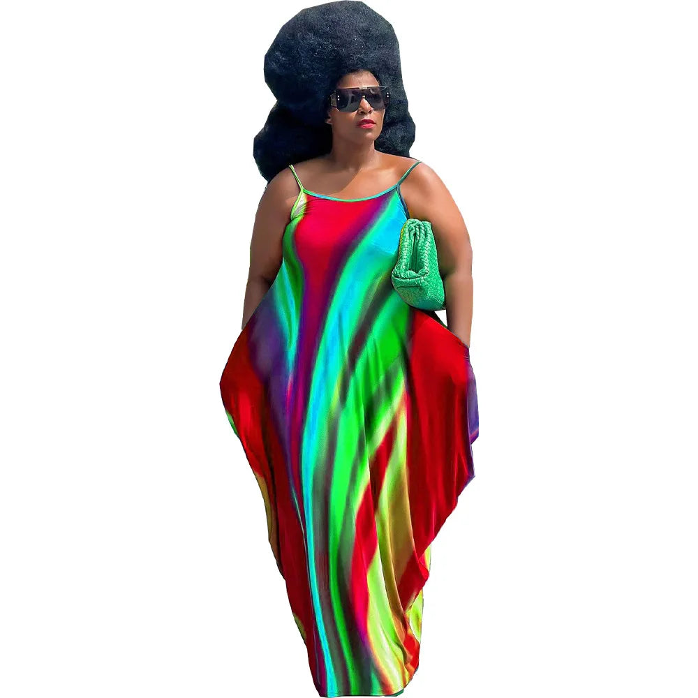 Rainbow Striped Colorblock Ruched Ruffled Sleeveless Print Harem Maxi Dress to 5X Plus Size