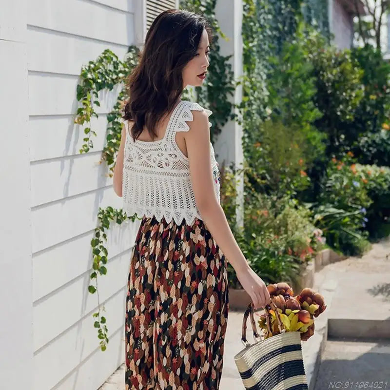 Crochet Multi-Colored Square Flower Design Knitted Square Neck Women's Sleeveless Cropped Tank Top