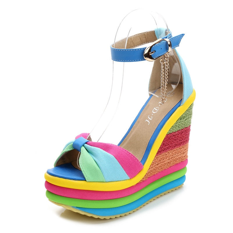 Rainbow Striped Peep Toe Platform Bowknot Hemp Bottom Buckle Ankle Strap Wedge Sandals