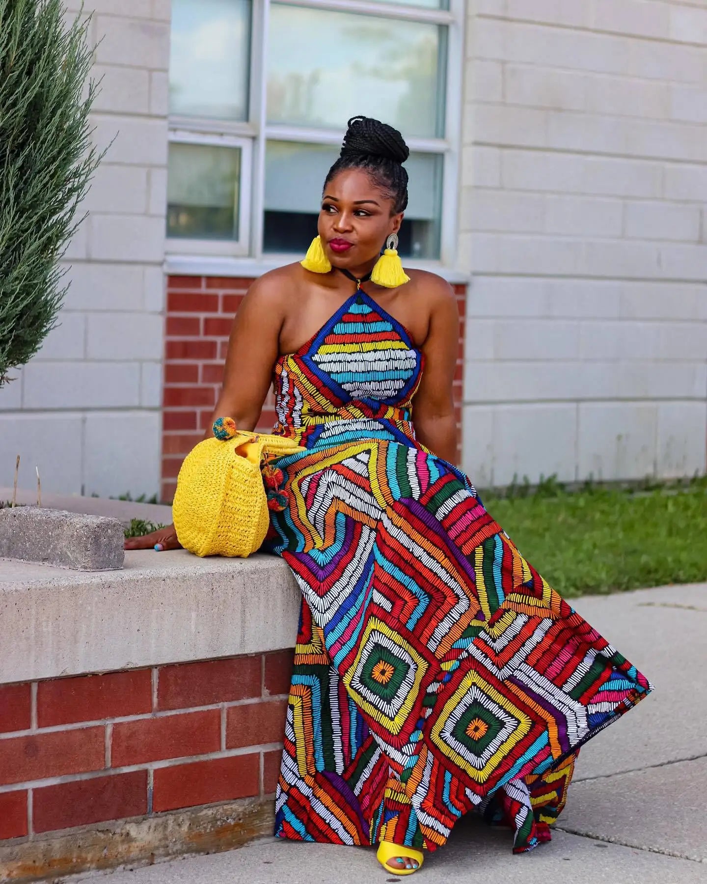 Geometric Abstract African Sleeveless Dashiki Print Spaghetti Strap Maxi Sundress