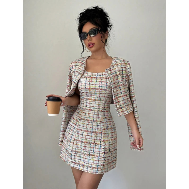 Tweed Plaid Sleeveless Corset Mini Dress w/  O-Neck Blazer Women's Matching 2-Piece Suit