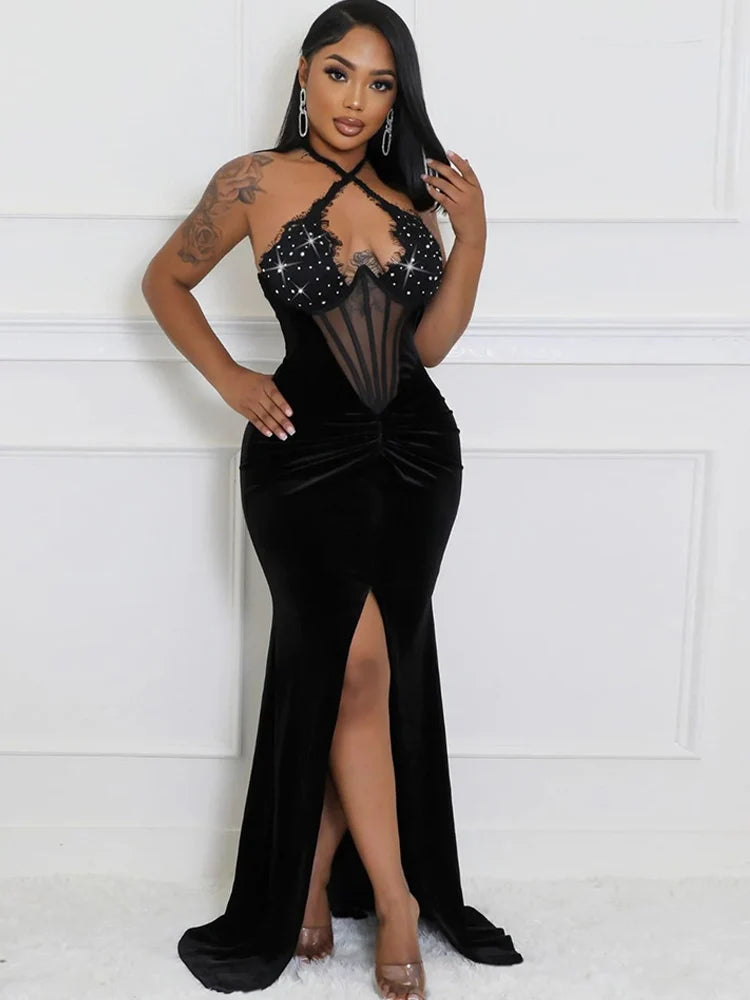 Sequined Embellished Velvet Royal Rhinestone Corset Formal Party/Prom Dress