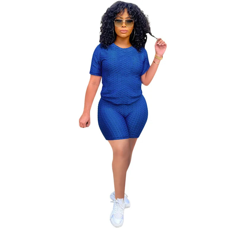 Texturized Sportswear O-Neck Solid Color Short Sleeve Women's T-Shirt + Shorts 2-Piece Fitness Workout Set