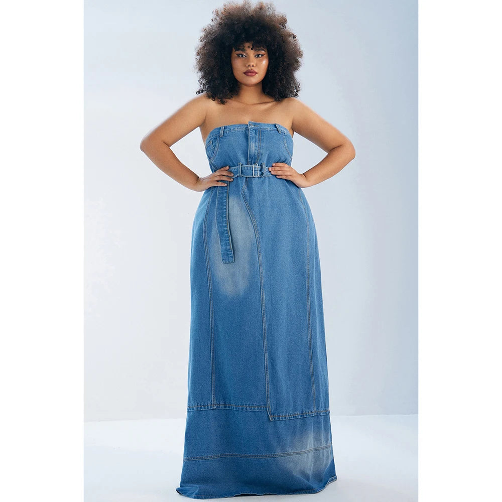 Denim Tube Design Off-the-Shoulder Retro Solid Color Belted Maxi Jean Dress to 4X Plus Size