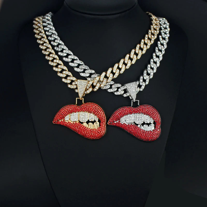 Red Bite Lip Pendant Crystal Iced Out Hip-Hop Cuban Link Chain Necklace