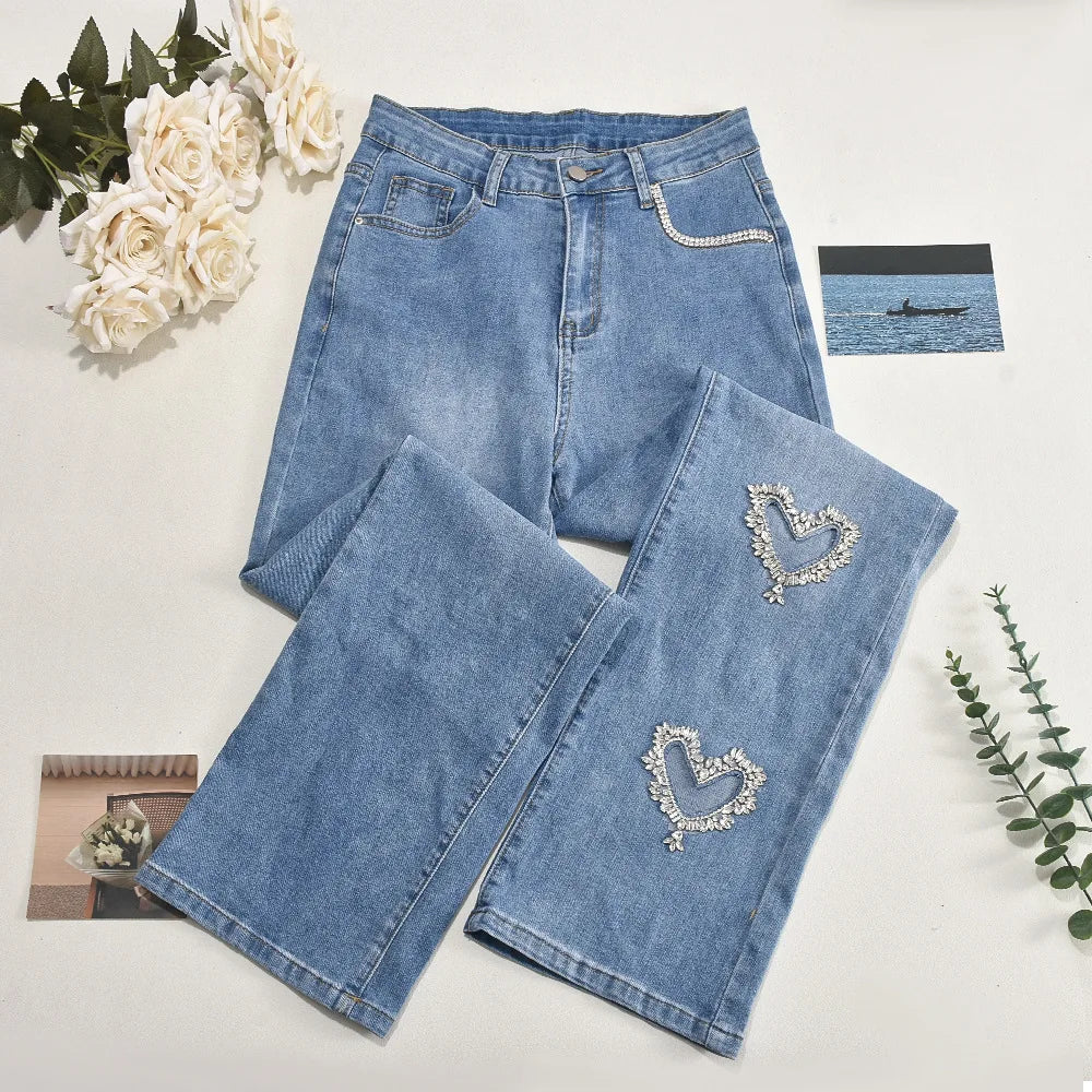 Women's Rhinestone Cut-Out Heart Design Patchwork Wide Leg Jeans