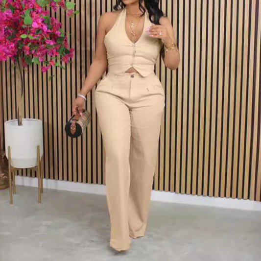 Sleeveless Solid Color Vest Top + Women's Trouser Pants 2-Piece Set