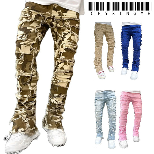 Men's Camouflage/Solid Denim Ripped Stacked Skinny Jeans