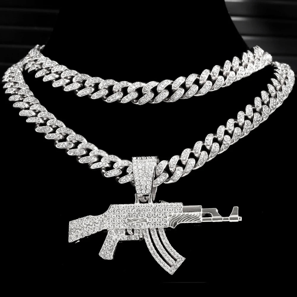 Hip-Hop Gun Pendant Gold Iced Out Crystal Cuban Link Chain