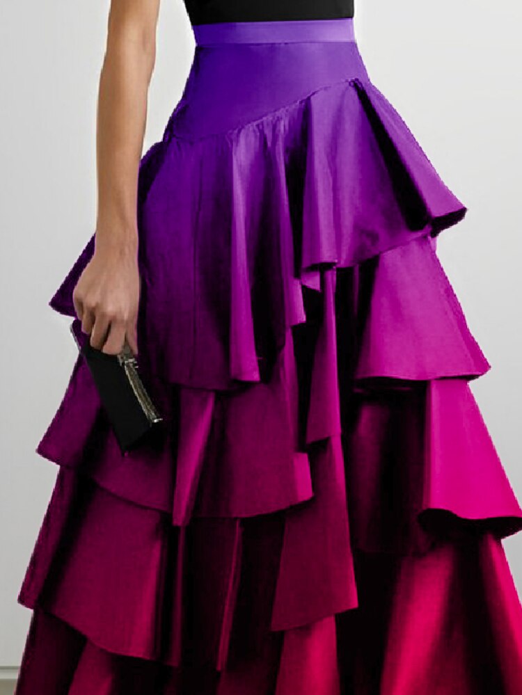 Gradient Layered Ruffle A-Line High Waist Maxi Skirt